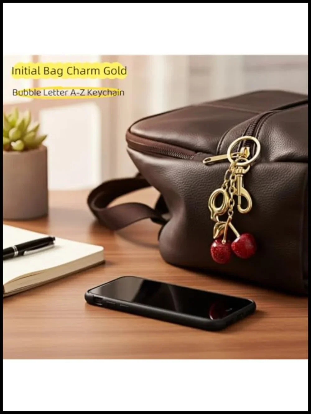 Gold Letter Bubble Initial Keychain Cute Cherry Bag Charm Purse Charm